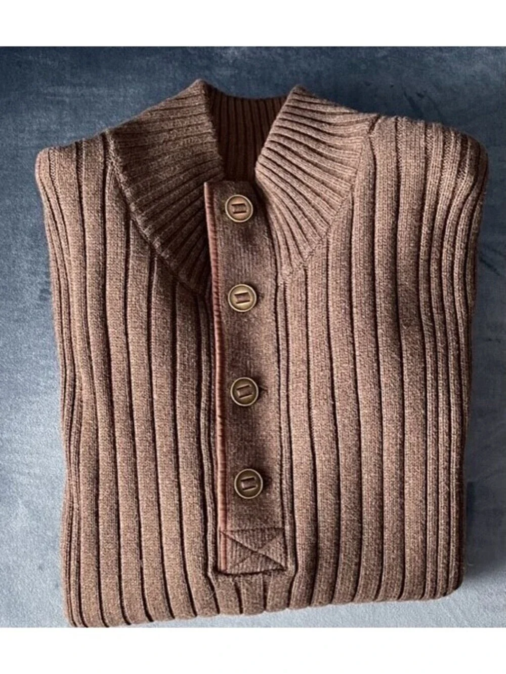 Eddie Bauer Sport Shop Sweater 1/4 Button Ribbed Mens M Dark Brown Mock Neck EUC